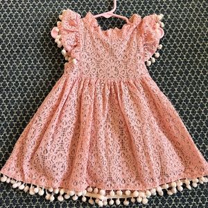 Blush Pink Lace and Pompom Toddler Dress